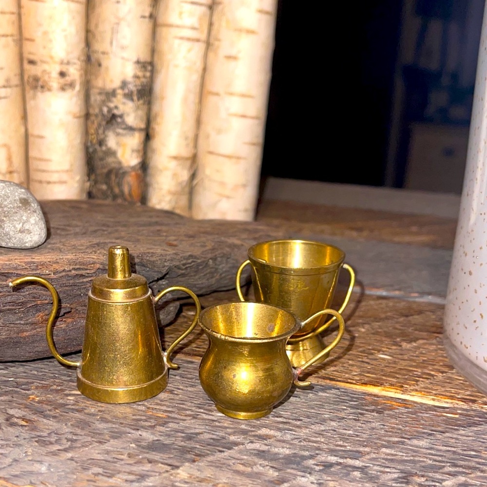 3 antique brass mini kitchen accessories